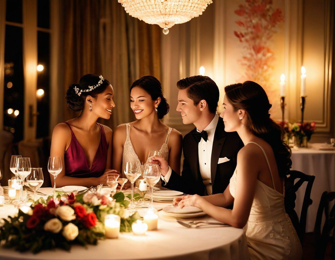 A captivating scene depicting an elegant soirée, with a diverse group of individuals engaging in flirtatious interactions under soft, ambient lighting. Emphasize alluring expressions, subtle body language, and playful glances exchanged between couples. Include delicate flowers and candlelight to enhance the sensual atmosphere. The background should fade into a dreamy blur, suggesting intimacy and sophistication. vibrant colors. soft focus.