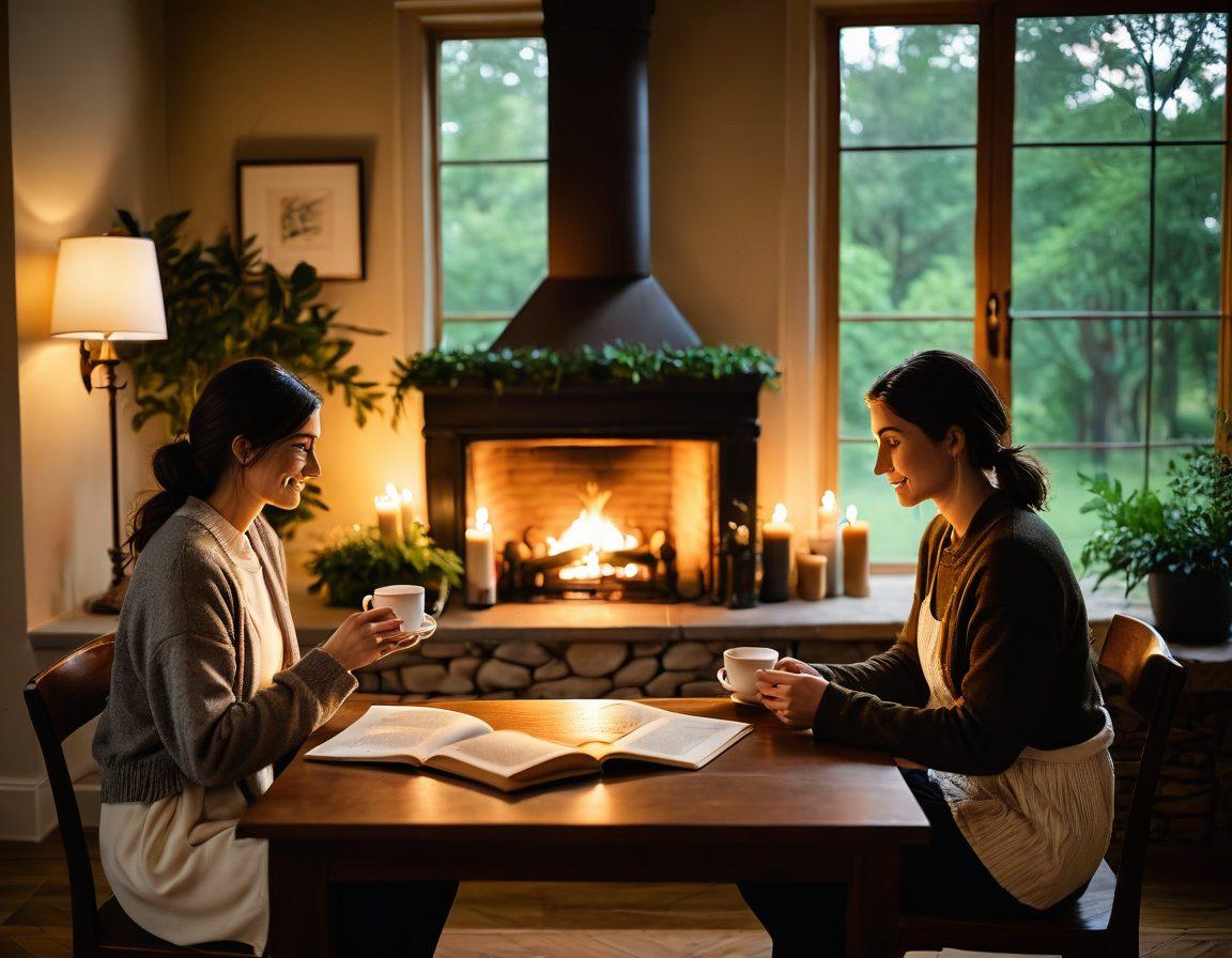 A warm, inviting scene featuring two people engaged in a deep, meaningful conversation by a cozy fireplace. Soft, flickering candlelight casts gentle shadows on their faces, highlighting their expressions of trust and intimacy. Include subtle details like a shared cup of tea, a book of poetry, and a backdrop of lush greenery through a window. The atmosphere should evoke warmth, connection, and emotional depth. soft focus. warm tones. 3D.