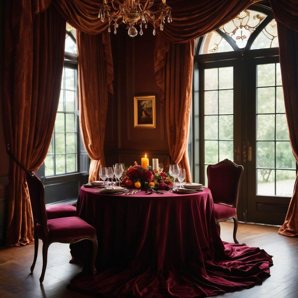A sultry candlelit room adorned with rich velvet drapes, featuring two silhouettes close together, exuding chemistry and intimacy. The centerpiece is a beautifully set table with decadent fruits and fine wine, surrounded by soft shadows and warm light to create an alluring atmosphere. Incorporate hints of soft petals scattered around, symbolizing romance and passion. painting. warm tones. soft focus.